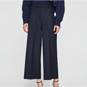Zara Women XL Wide Leg Blue Black Jacquard Pants High Rise Polyester Blend